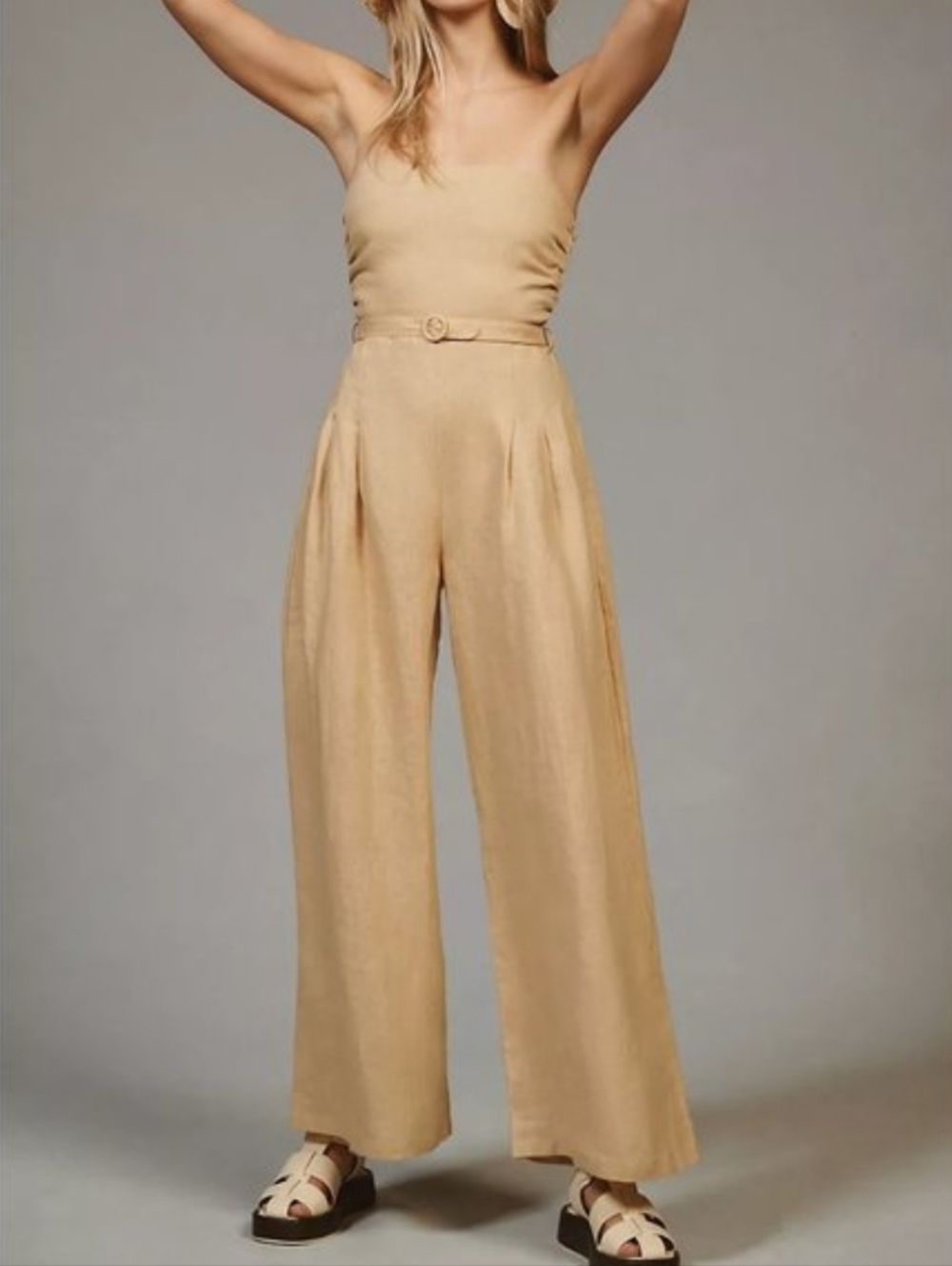 Faithfull the Brand Alegrias Linen Jumpsuit Wide Leg Wheat Tan Belted Size M